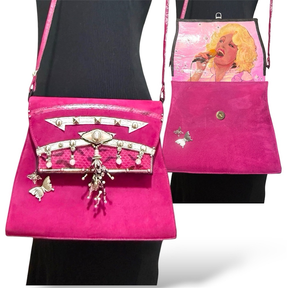 Vintage 1980 Fuchsia Embellished Suede Crossbody Bag - with Dolly Parton